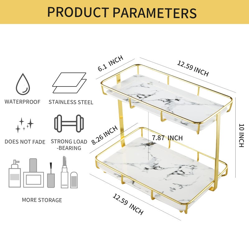 Dobbyby Bathroom Organizer Countertop Perfume Organizer Makeup Organizer Cosmetics Storage Display Rack Vanity Tray Dresser Stainless Steel Gold Shelf White Marble Ceramic Tray - Image 2